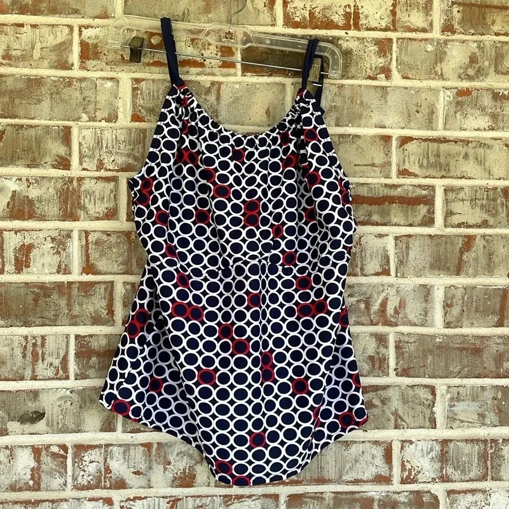 Liz Claiborne Navy White Red Circles Tankini Swim Top
